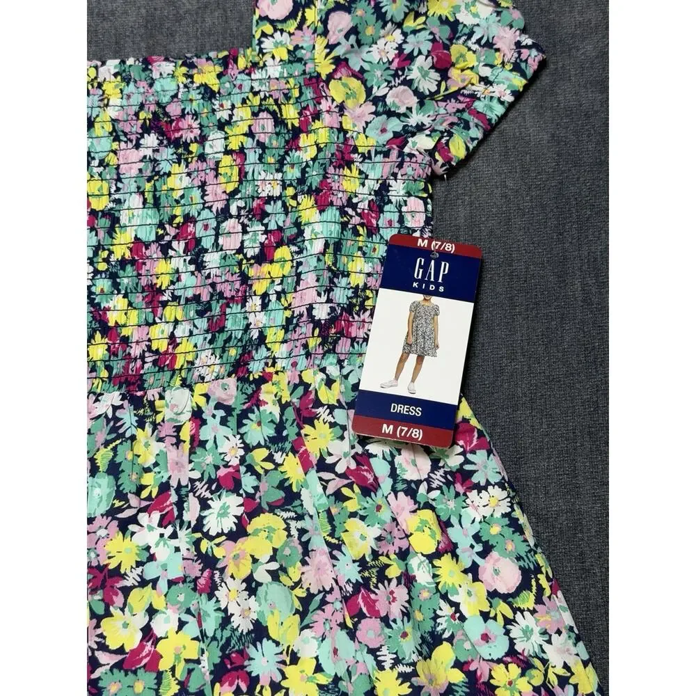 NWT Gap Knee Length Smocked Dress Girls M (7/8) Multicolor Floral Short-Sleeve